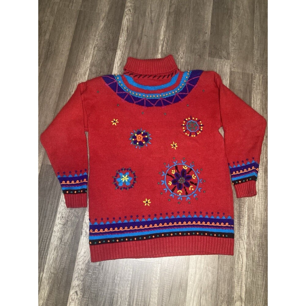 Vintage 80s Red Turtleneck Sweater Women L Chunky Bold Embroidered Shoulder Pads